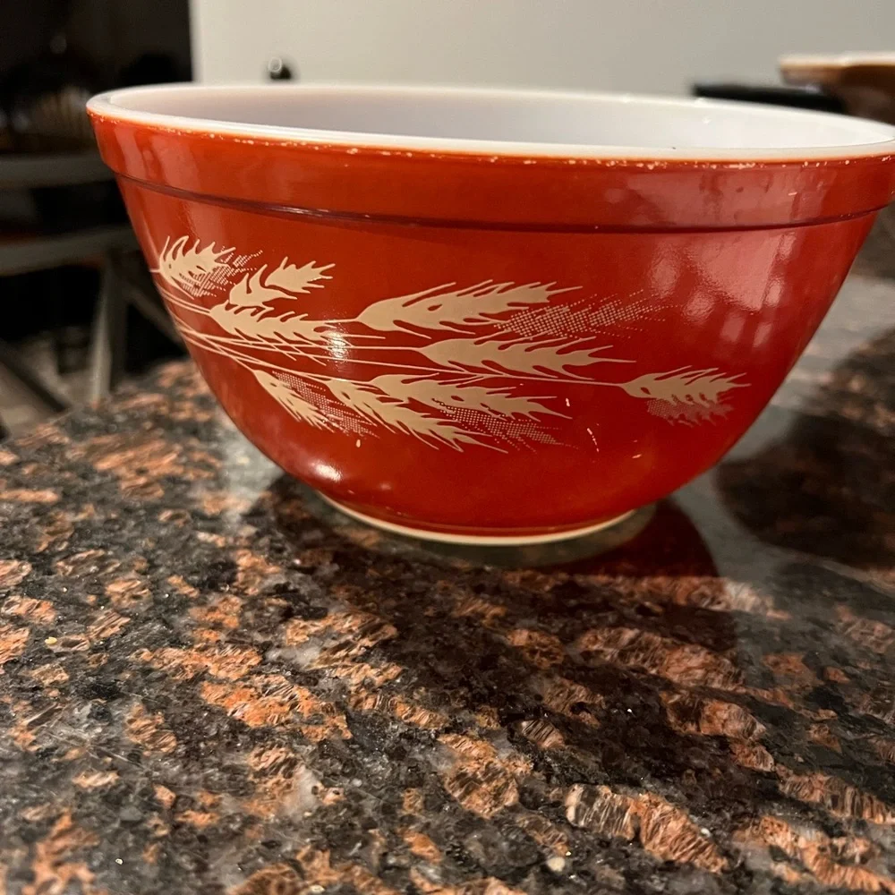 Pyrex Red Mixing Bowl with White Wheat Design